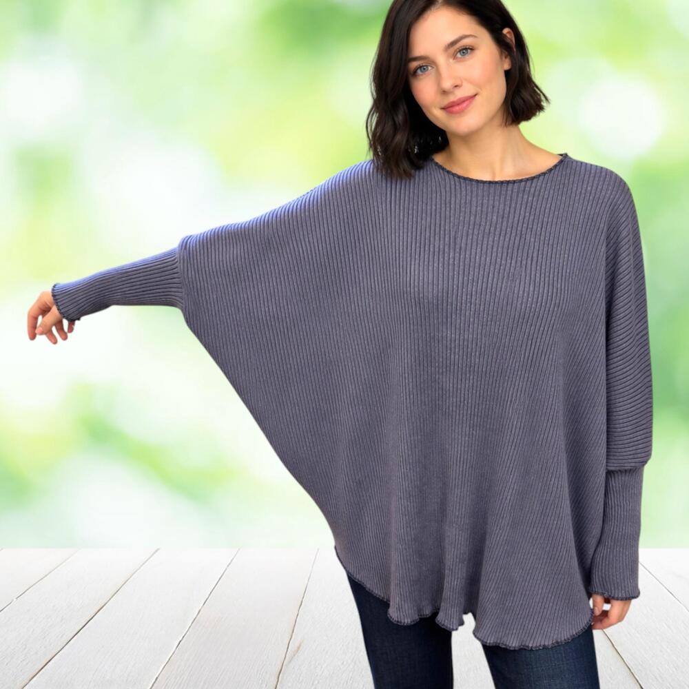 Vintage MICHELLE ST JOHN Lagenlook Tunic Top Rib Knit Dolman Oversized Blue OS